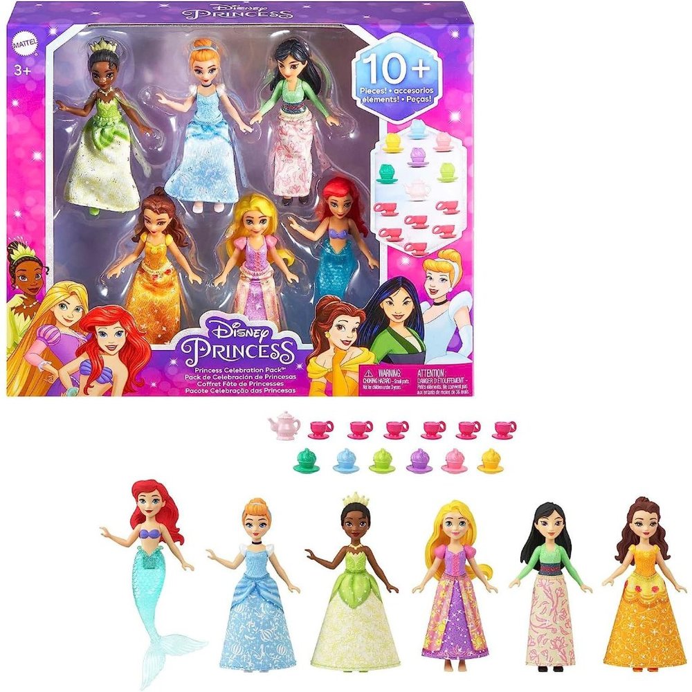 6 Posable Small Princeses with Sparkling Clothing 13 Tea Party Accessories